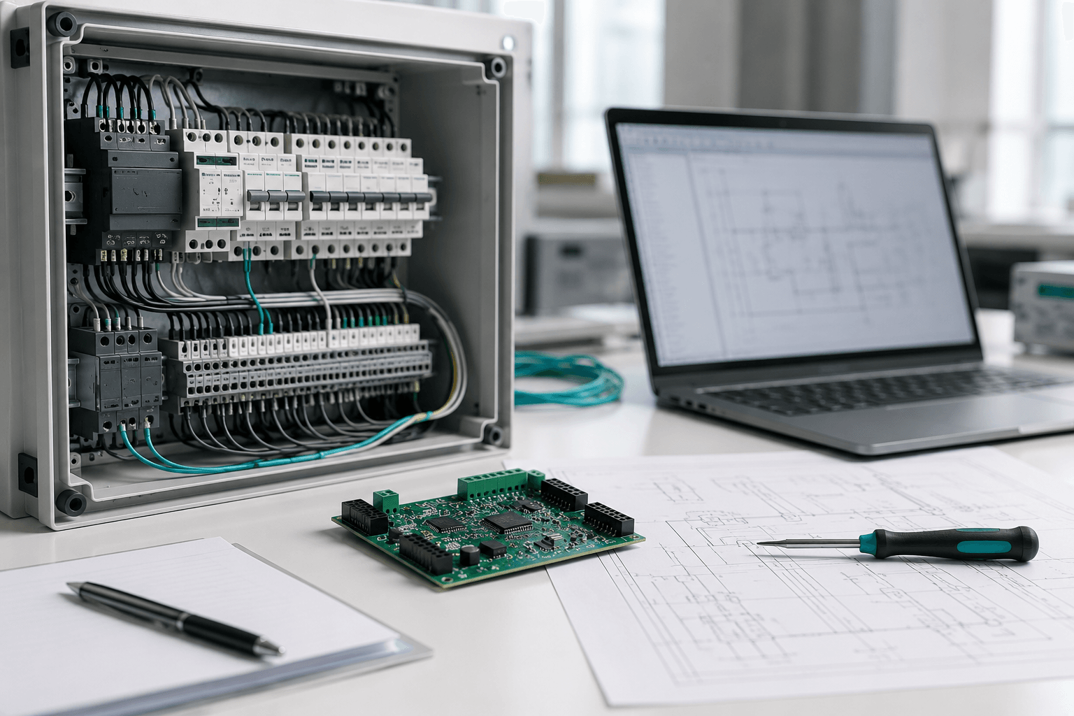 Ruhige technische Systemansicht aus Elektroinstallation, Elektronik und Planung