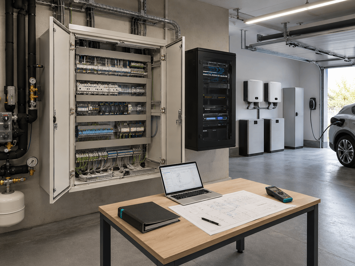 Offener Automationsschrank mit Netzwerktechnik, Energiesystemen und Arbeitsplatz zur Inbetriebnahme